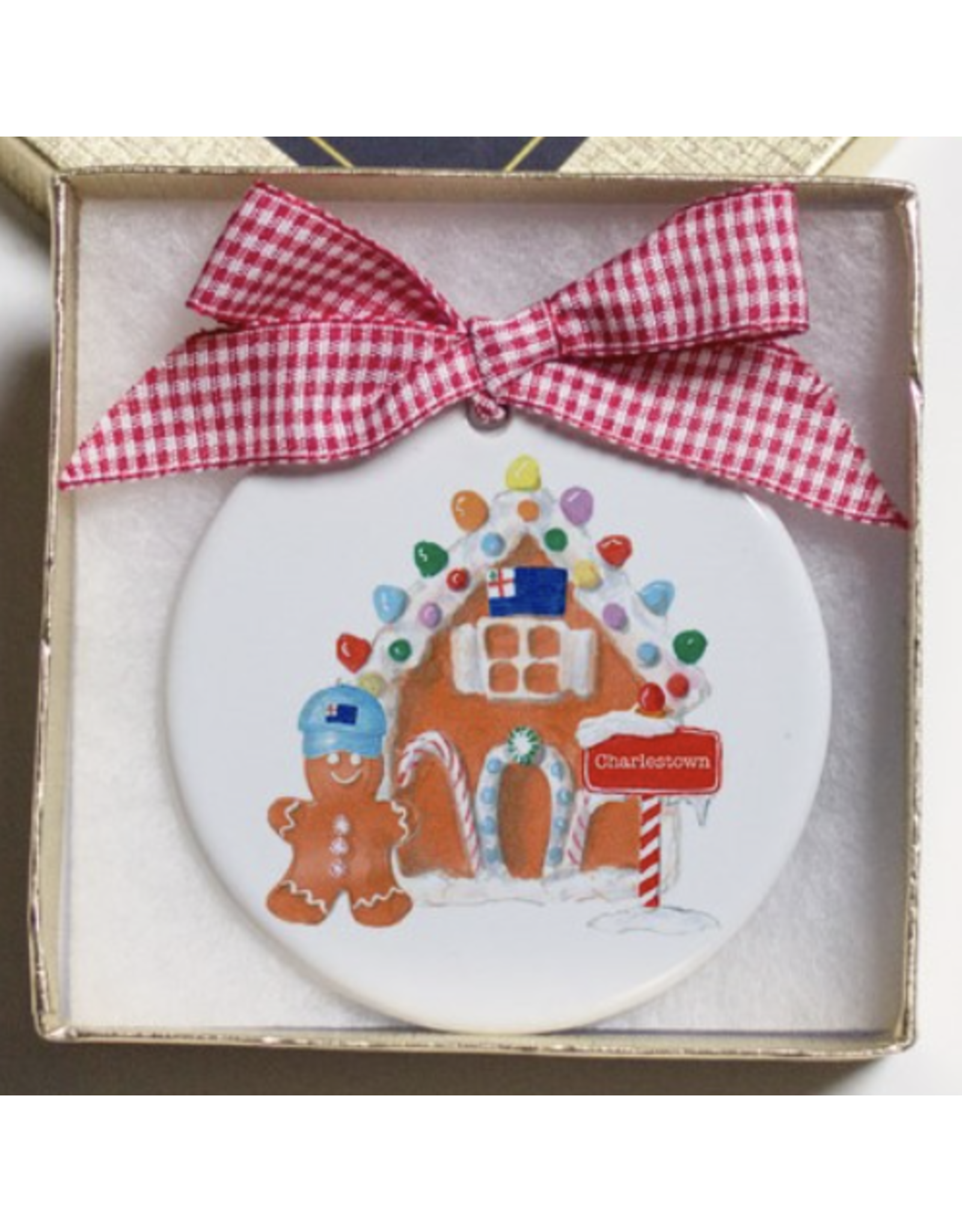 Dishique Gingerbread House with Flag Ornament