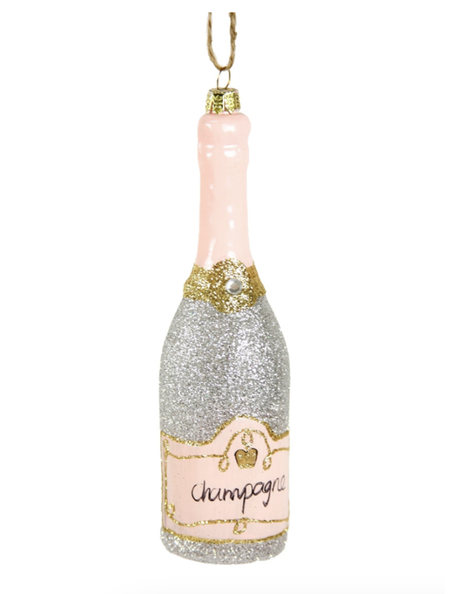 Glittered Champagne Bottle Ornament in Silver