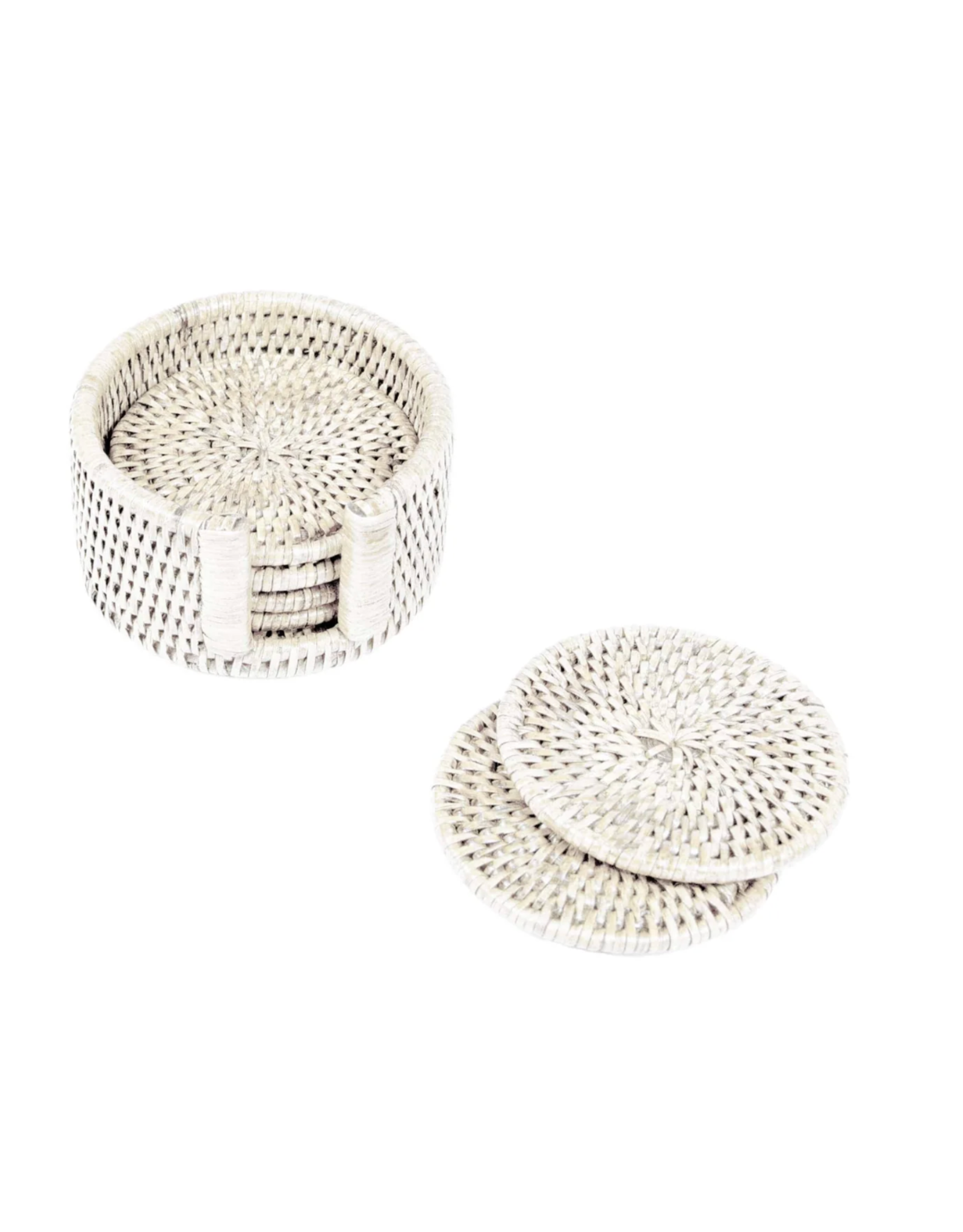 Caspari Rattan Round Coaster & Holder in Cream - Set of 6