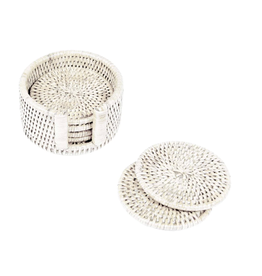 Caspari Rattan Round Coaster & Holder in Cream - Set of 6