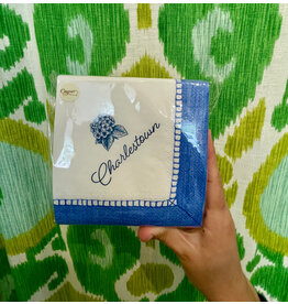 Caspari Charlestown Cocktail Napkin with Navy Hydrangea