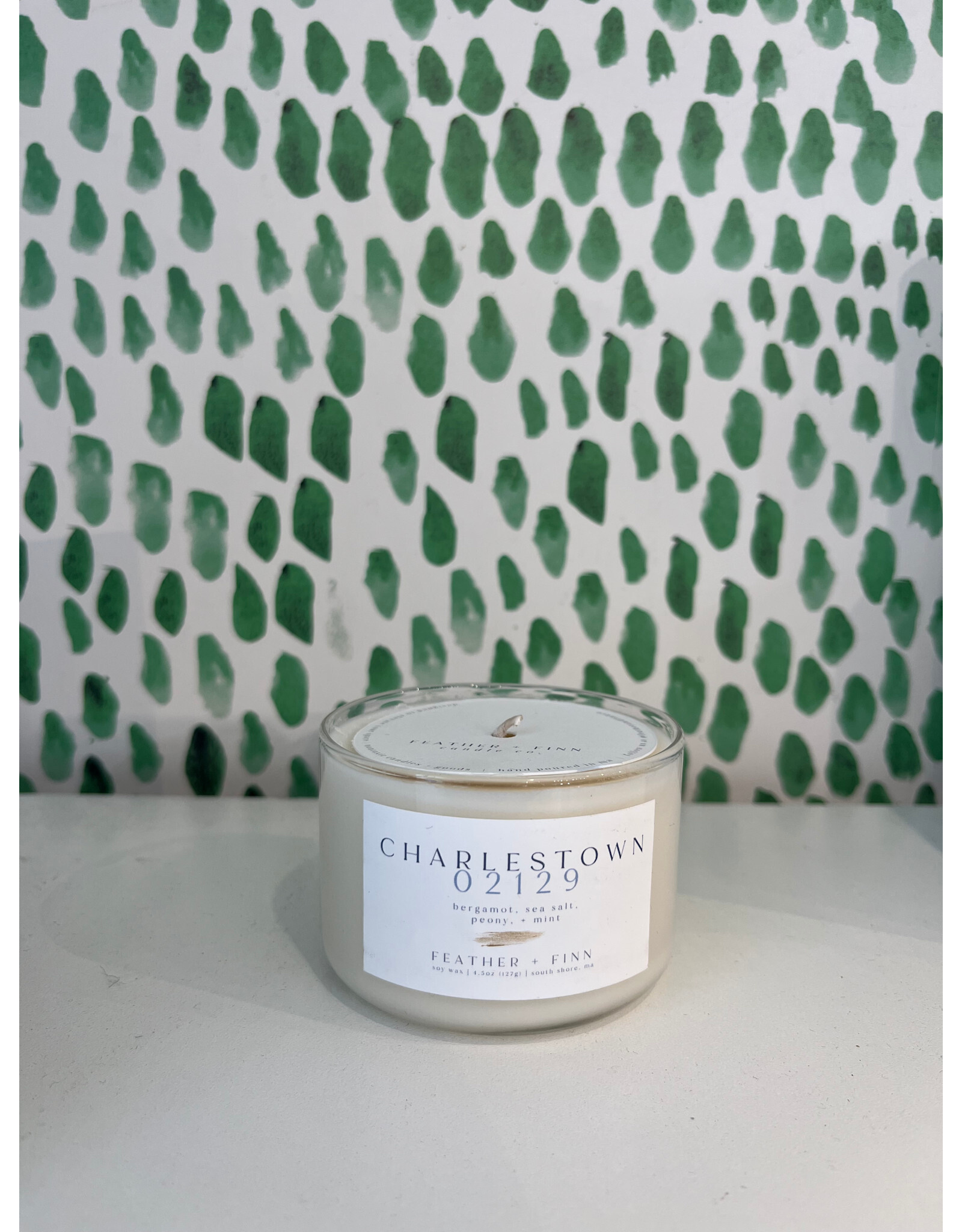 Feather + Finn Mini Charlestown 02129 Candle in Peony & Mint by Feather + Finn