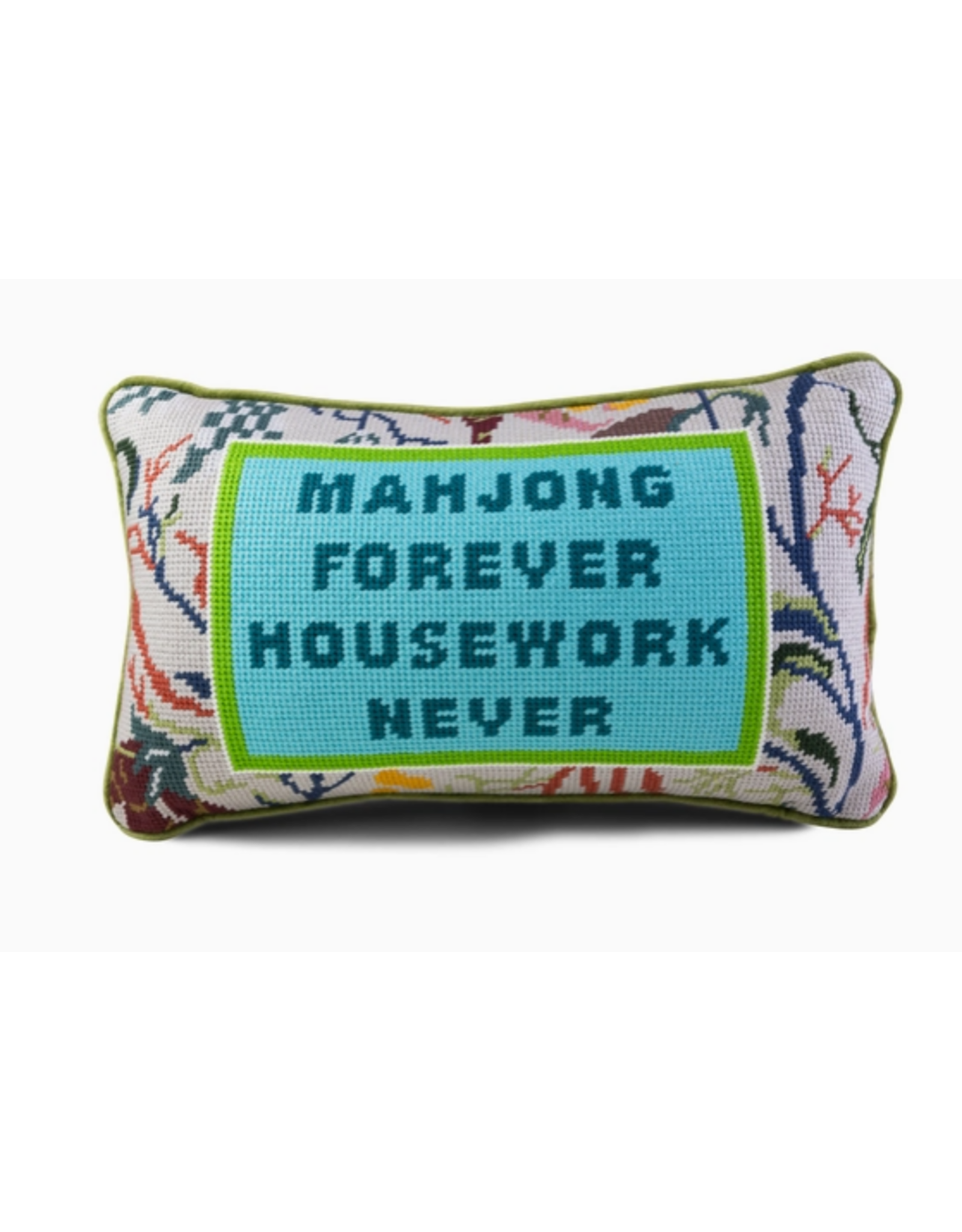 Furbish Studio Mahjong vs Housework Needlepoint Pillow