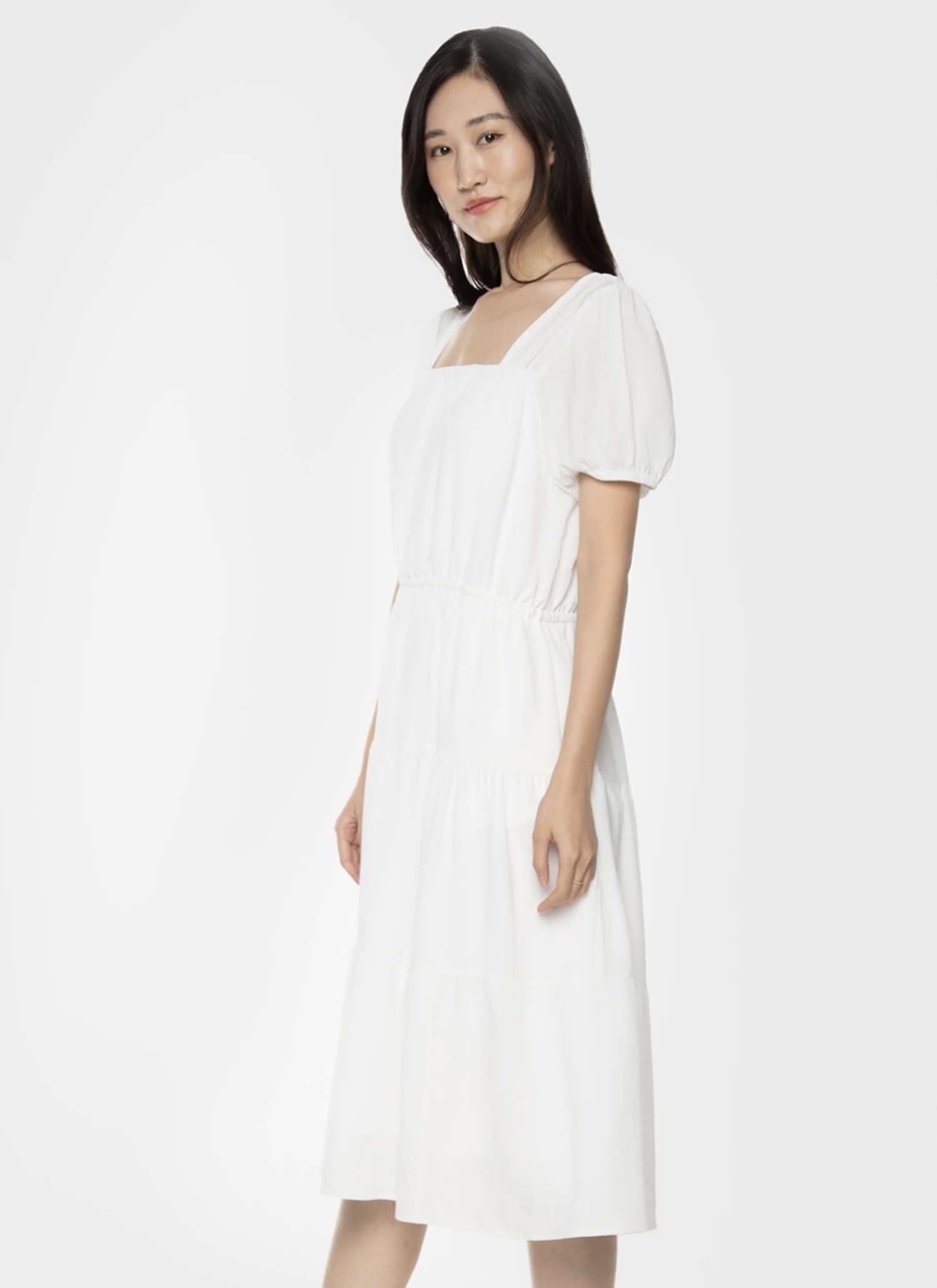 Dex Puff Sleeve Tiered Midi Dress in White by Dex