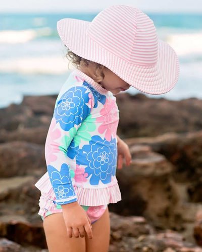 RuffleButts Girls UPF 50 Sun Protective Wide Brim Seersucker Swim Hat
