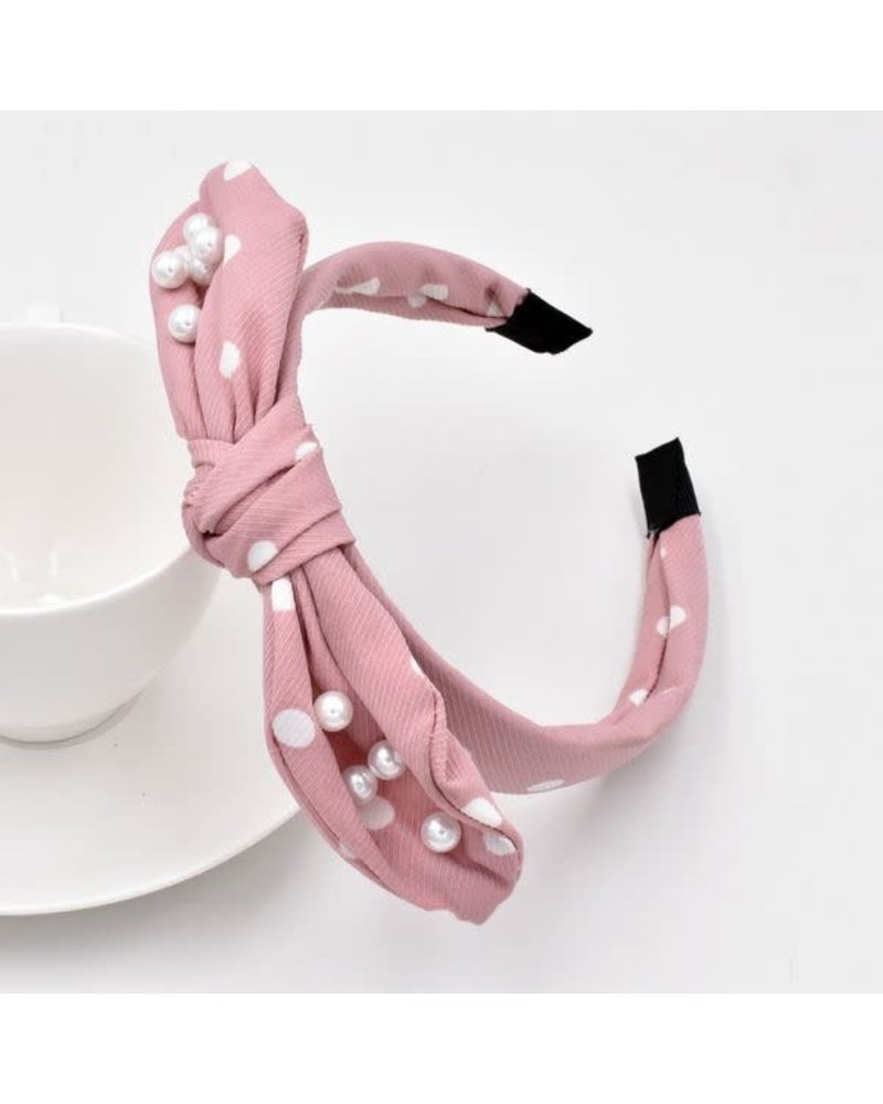 Initial Styles NHO Knotted Bow Headband - Polka Dot Pearl - Blush Pink