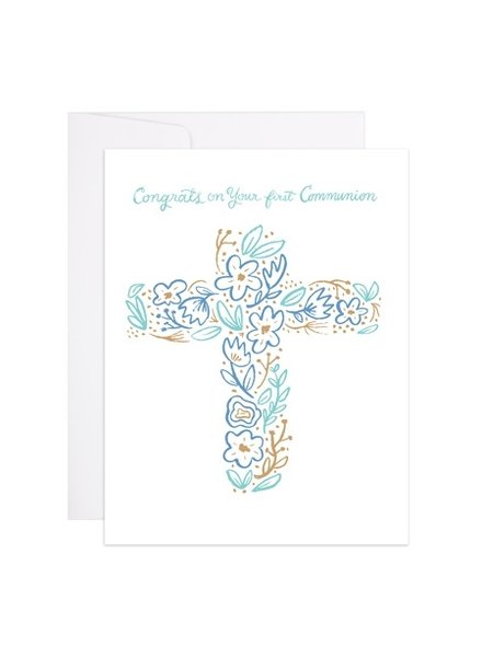 9th Letter Press Blue Cross First Communion Greeting Card