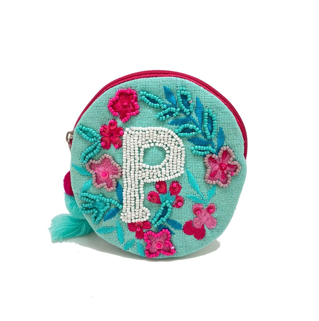 P Round Beaded Initial Pouch @ Initial Styles Jupiter Boutique