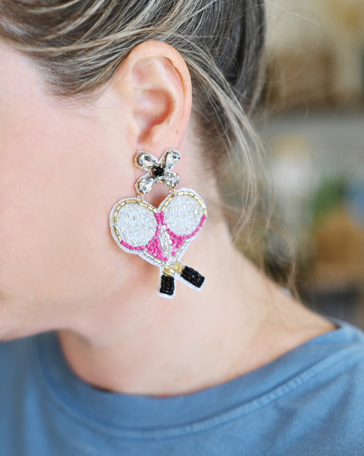 Pink Tennis Racket Beaded Earrings