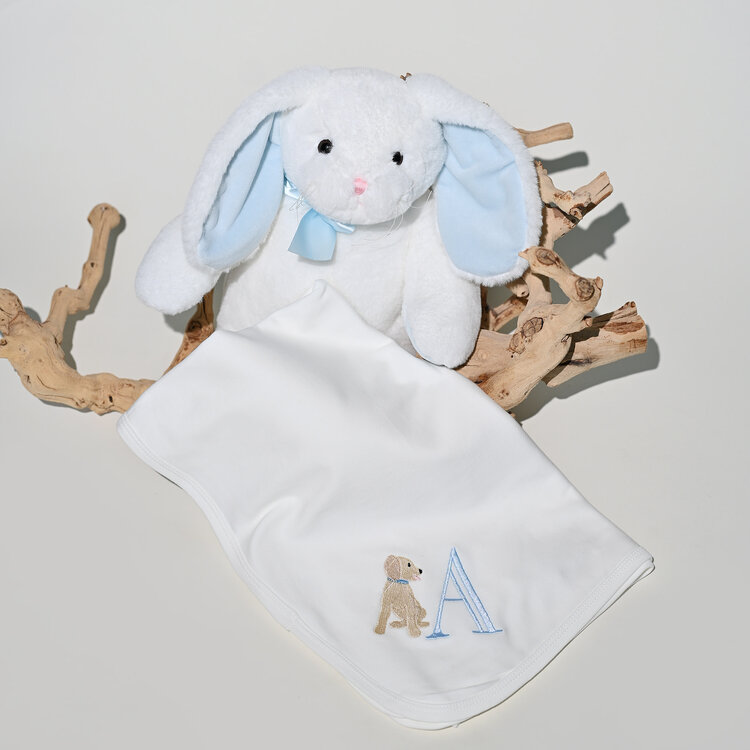 Blue Letter Puppy Receiving Blanket