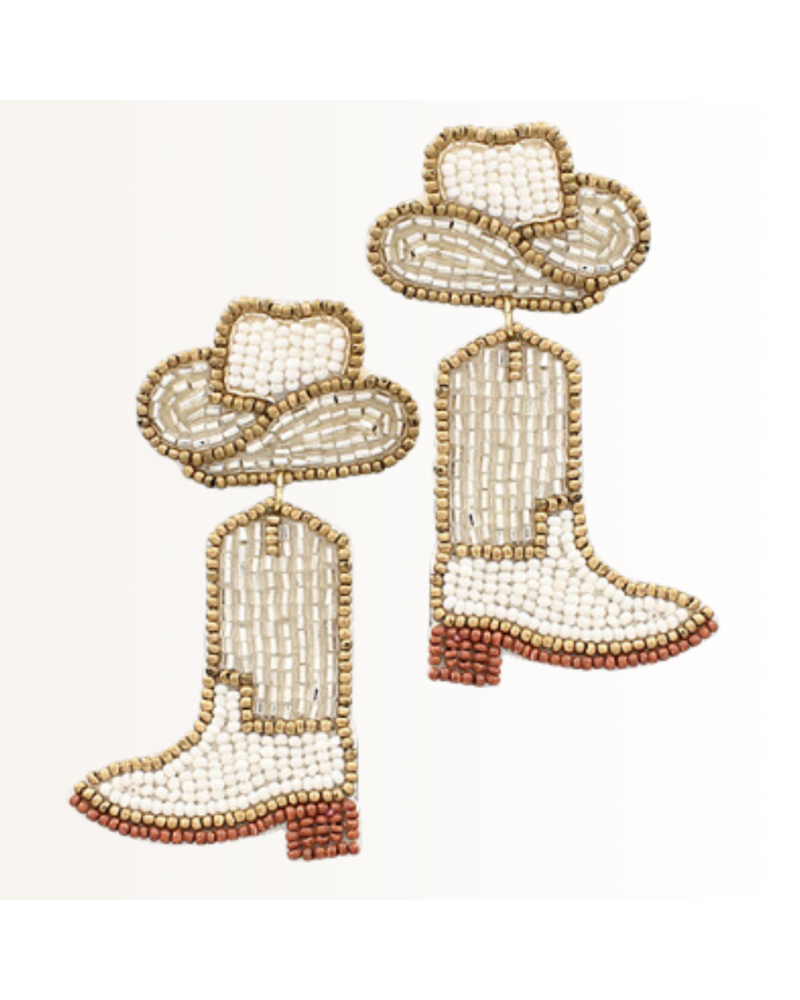 Initial Styles Ivory Cowboy Hat & Boots Seed Bead Earrings