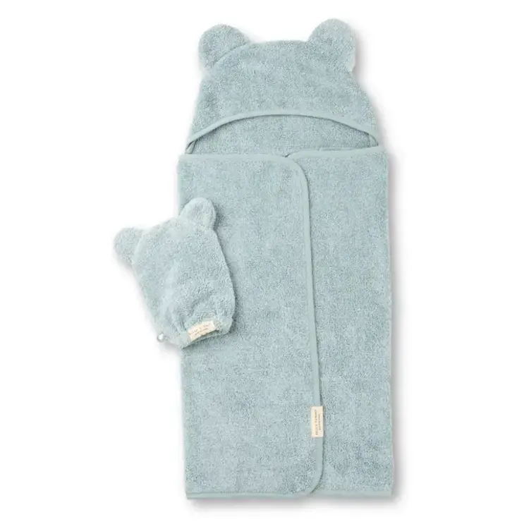 Fog Blue Bear Ear Hooded Towel + Wash Mitt