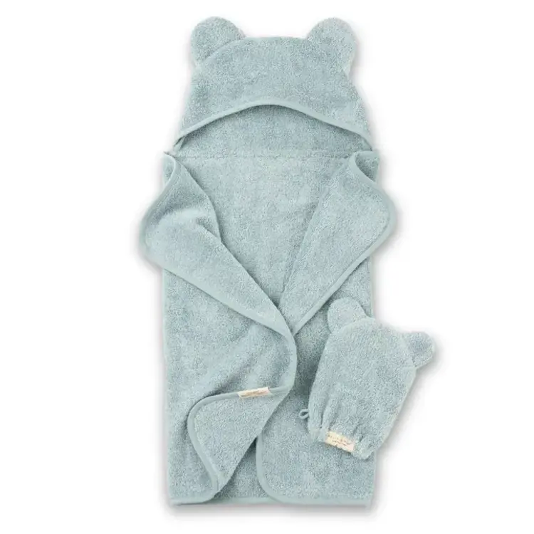 Fog Blue Bear Ear Hooded Towel + Wash Mitt
