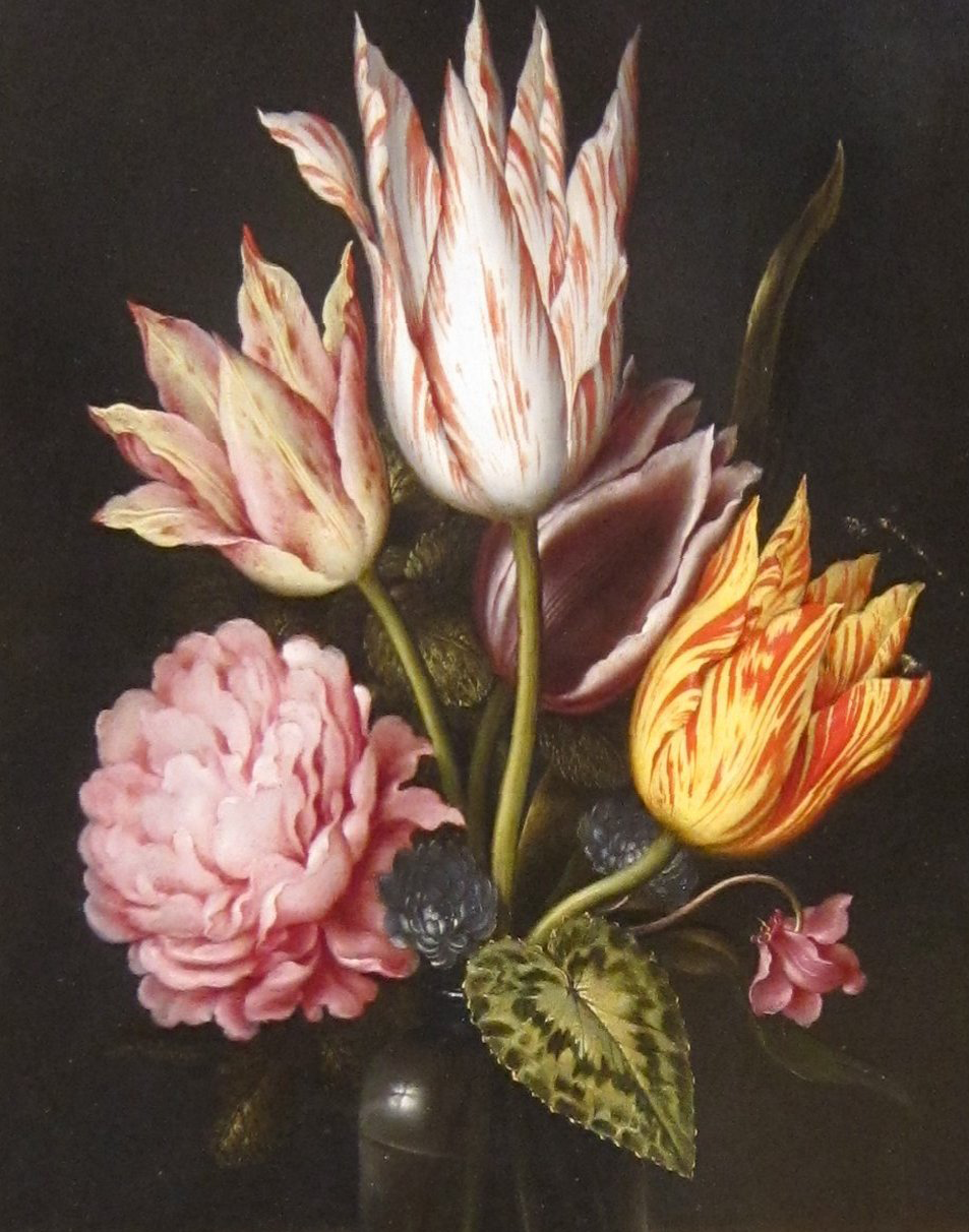 Still Life with Bouquet of Tulips, a Rose, Clover, and Cyclamen in a Green Glass Bottle, by Ambrosius Bosschaert, source: Wikicommons