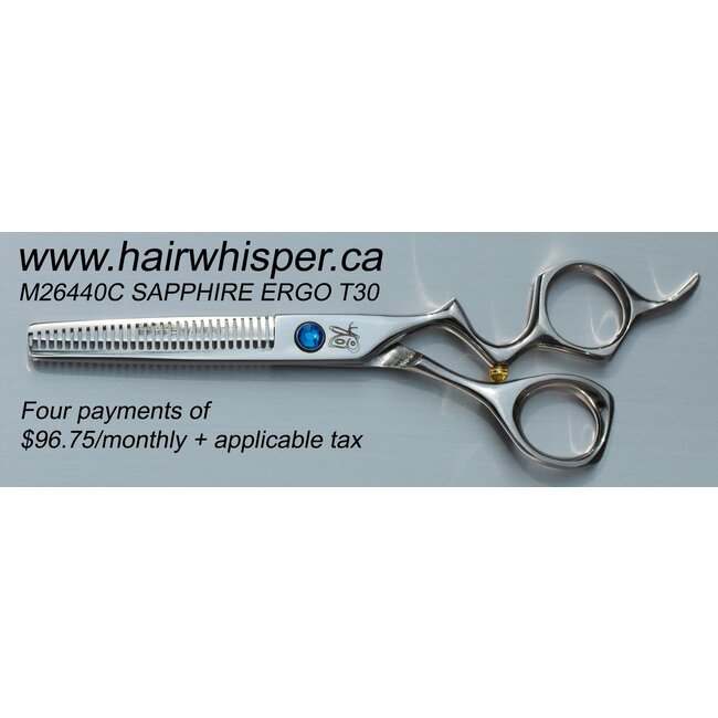 HairWhisper SAPPHIREWhisper ERGO T30 Thinning Scissors with ergonomic handle and thirty teeth