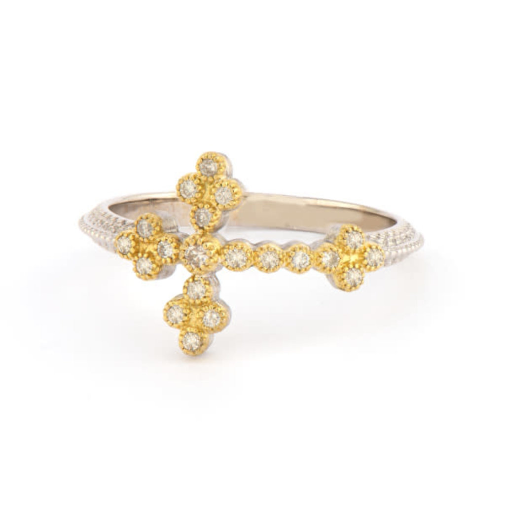 Jude Frances Mixed Metal Woven Rope Cross Ring with White Diamonds