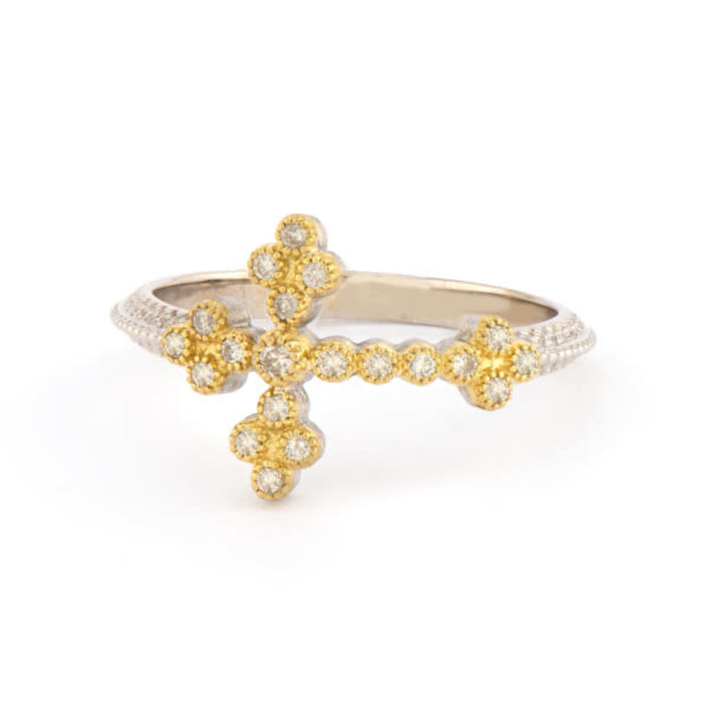 Jude Frances Jude Frances Mixed Metal Woven Rope Cross Ring with White Diamonds