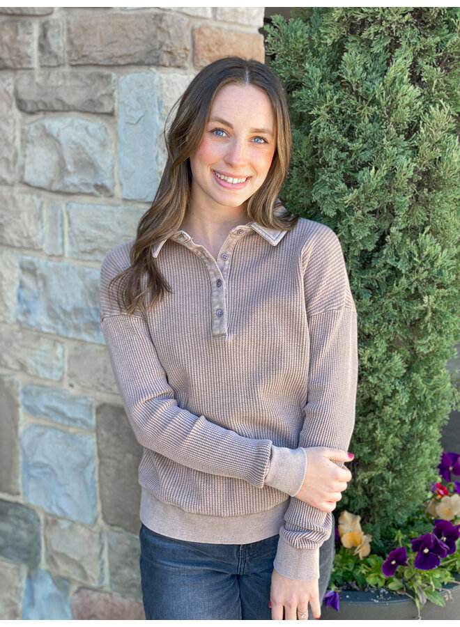 Long Sleeve Polo Top Taupe