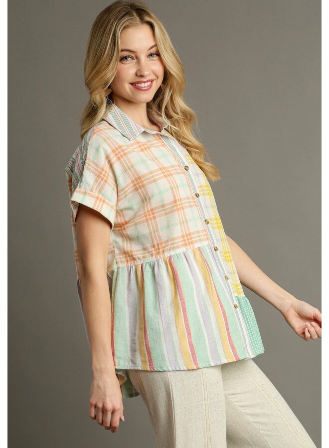Multi Pieced Plaid Button Front Top