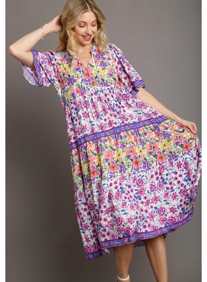 Boho Floral Patchwork Dress Violet Mix