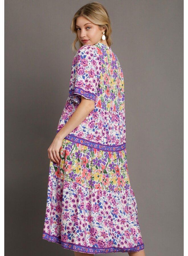 Boho Floral Patchwork Dress Violet Mix