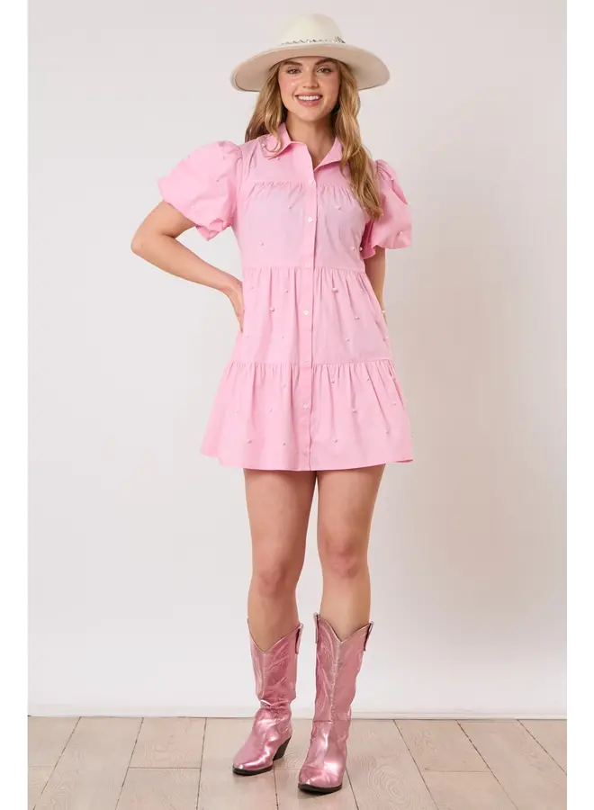 Pink Puff Sleeve Dress with Pearls