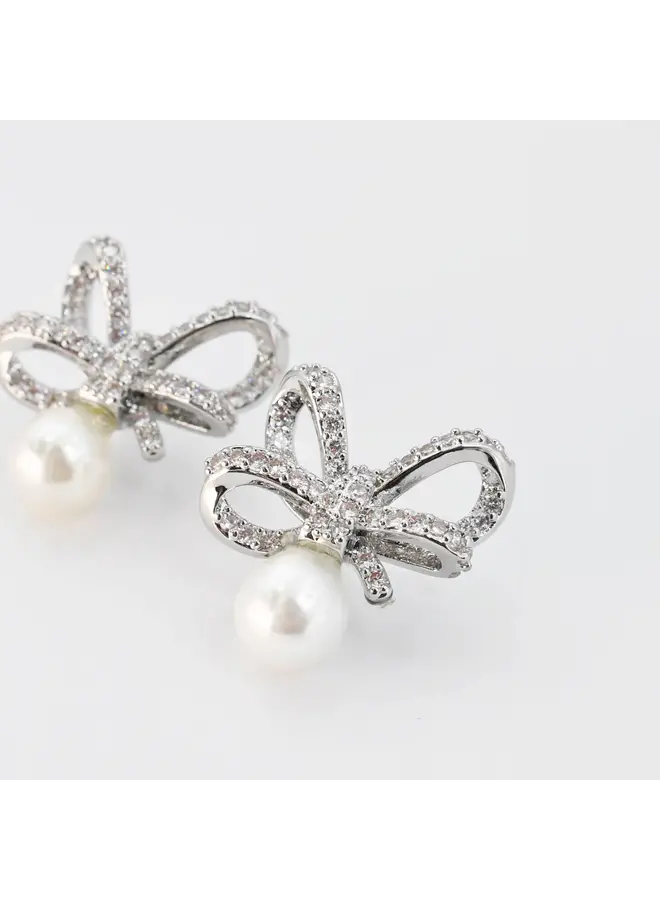 Crystal Ribbon Pearl Earrings Silver