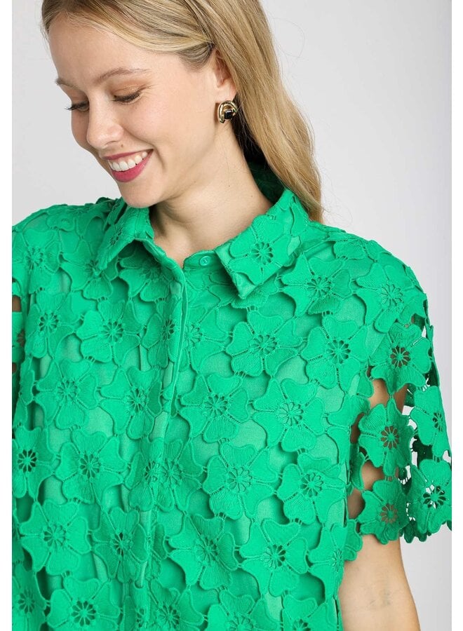 Floral Lace Collared Dress Emerald