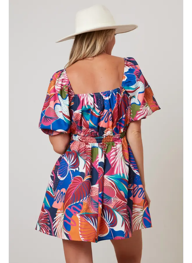 Tropical Print Textured Mini Dress