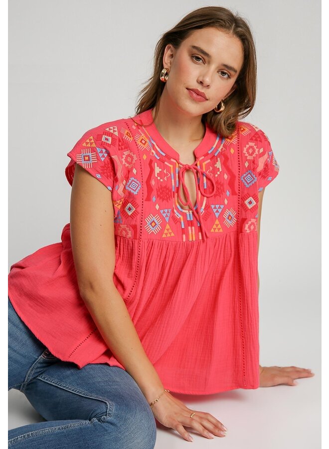 Aztec Embroidery Front Tie Top