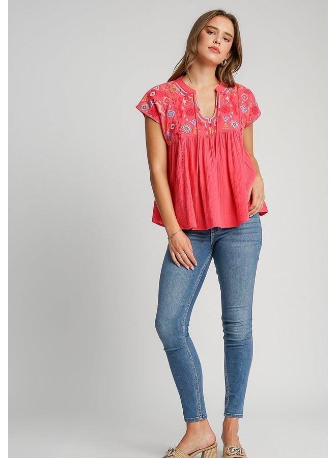 Aztec Embroidery Front Tie Top