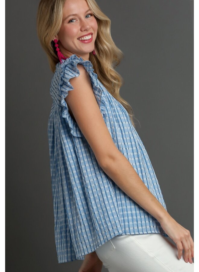 Blue Checkered Seersucker Ruffle Top