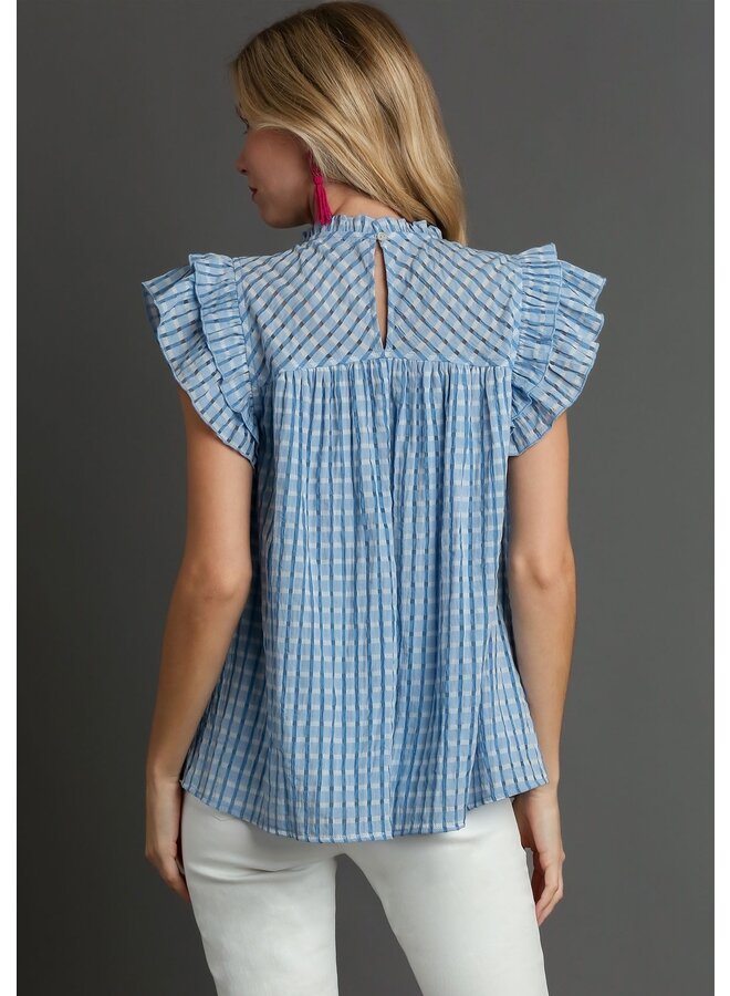 Blue Checkered Seersucker Ruffle Top