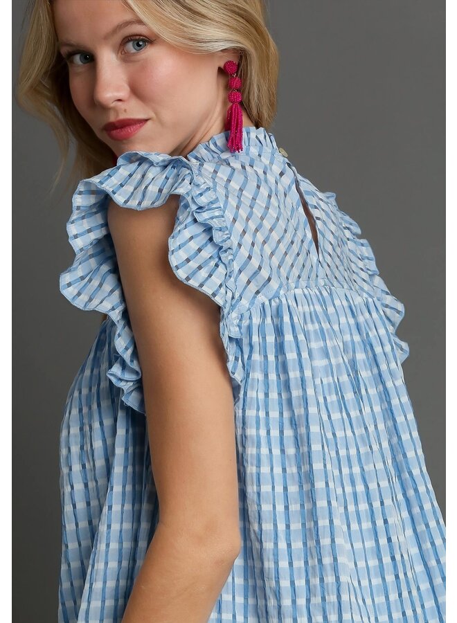 Blue Checkered Seersucker Ruffle Top