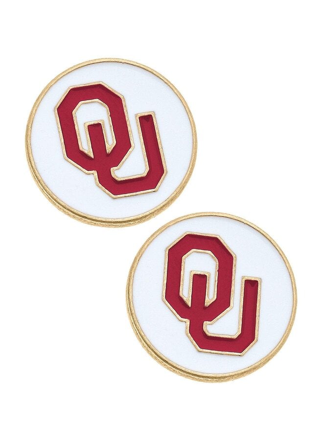 OU Logo Enamel Disc Stud Earrings White