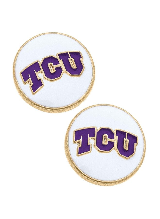 TCU Logo Enamel Disc Stud Earrings White