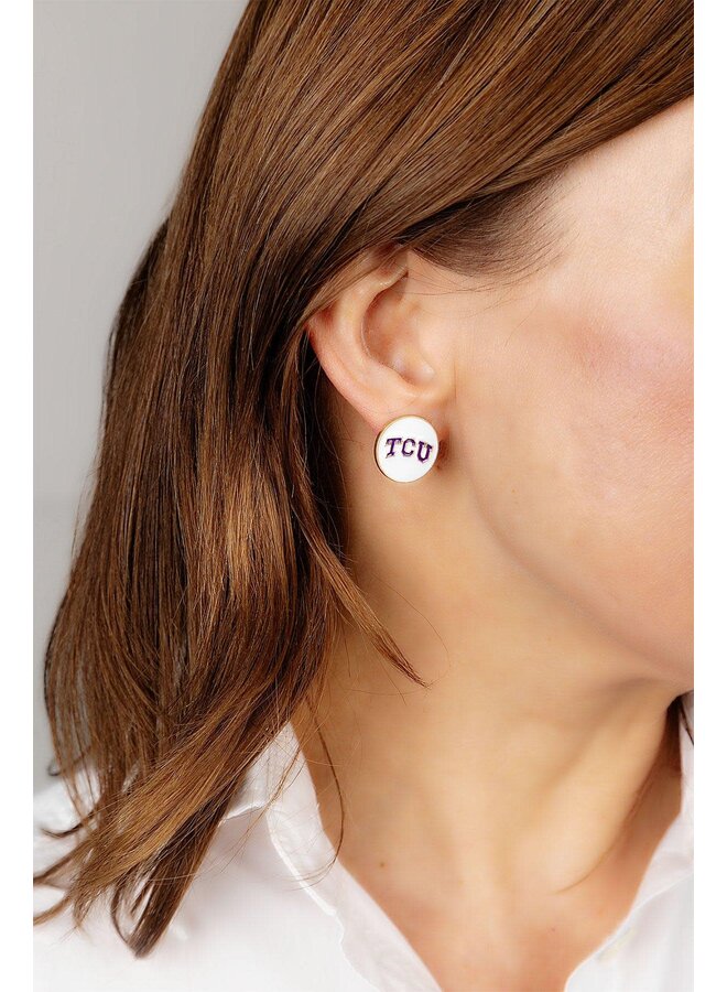 TCU Logo Enamel Disc Stud Earrings White