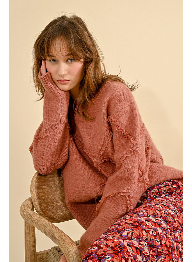 Knitted Sweater with Lace Trim Pink