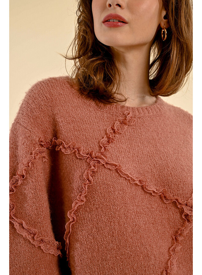 Knitted Sweater with Lace Trim Pink