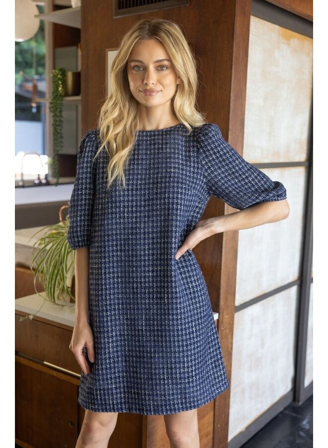 Navy Checkered Tweed Dress with Back Bow