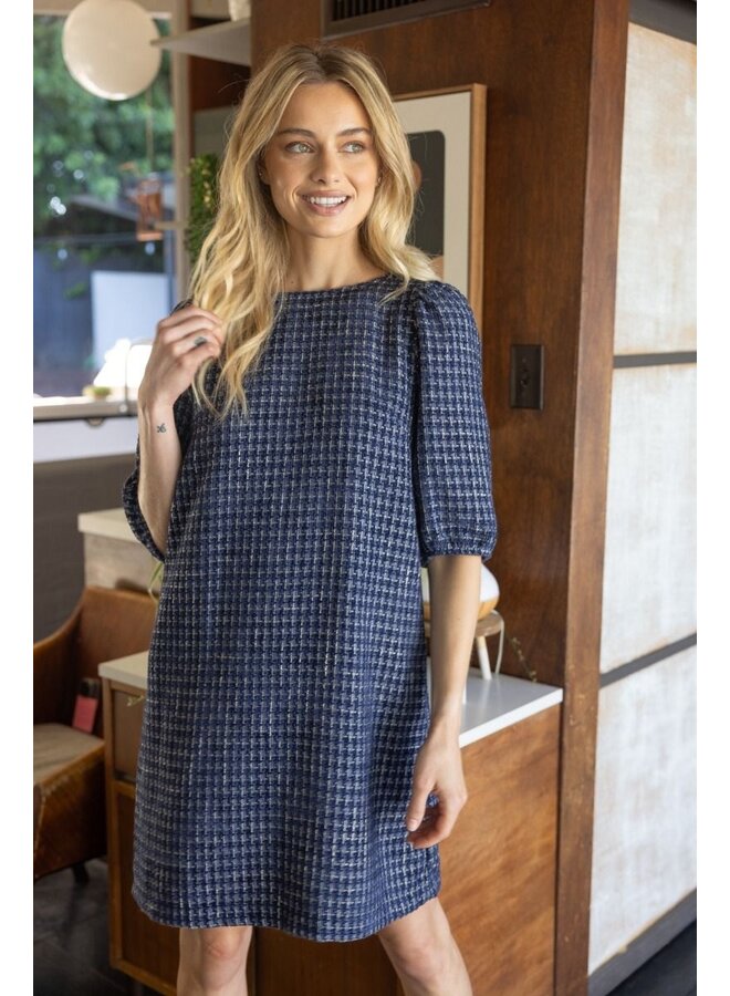 Navy Checkered Tweed Dress with Back Bow