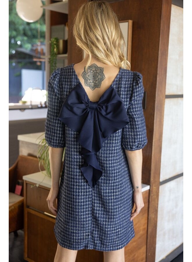 Navy Checkered Tweed Dress with Back Bow