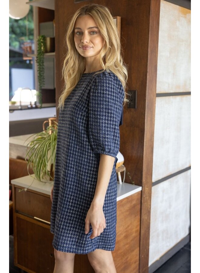 Navy Checkered Tweed Dress with Back Bow