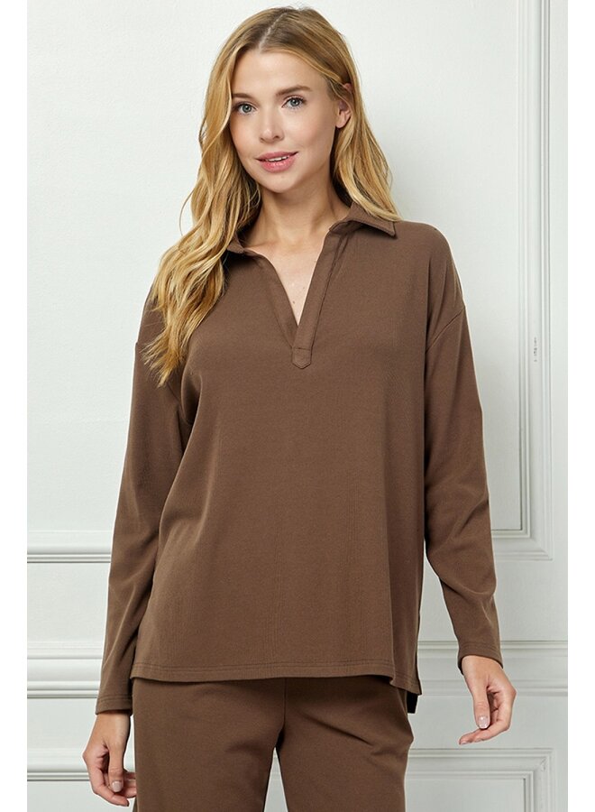 Collared Fleece Long Sleeve Top Mocha
