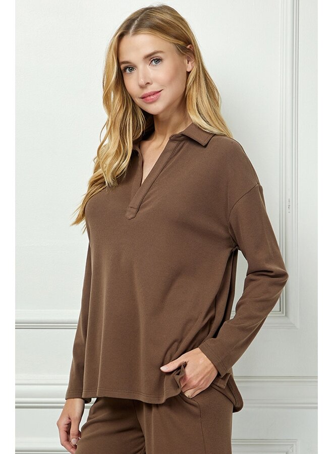 Collared Fleece Long Sleeve Top Mocha