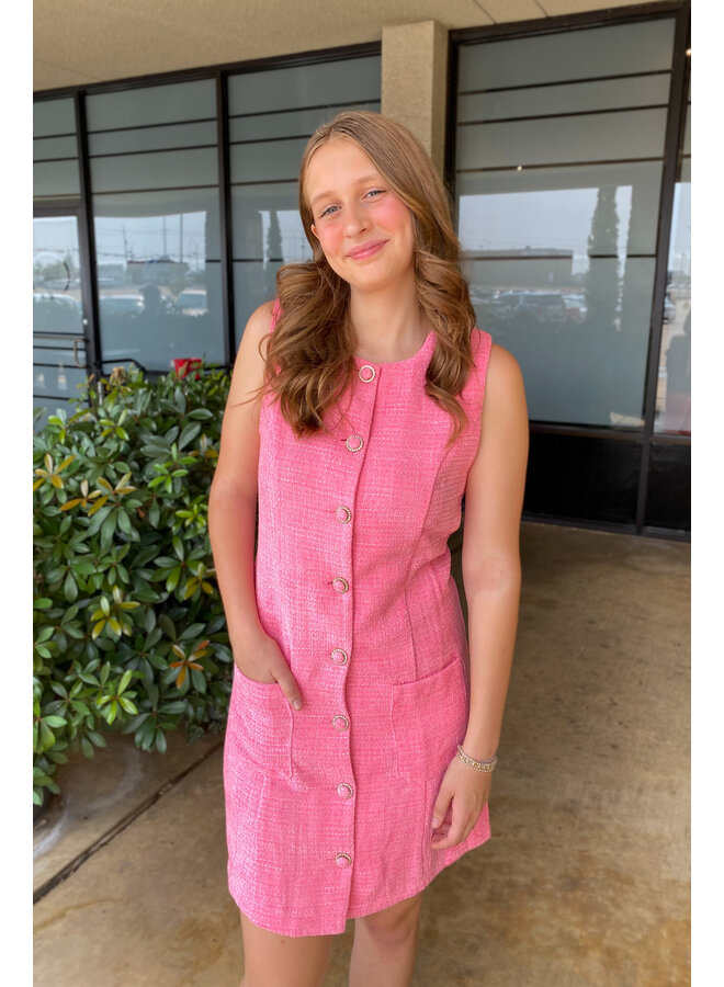 Tweed Buttoned A-Line Dress Pink