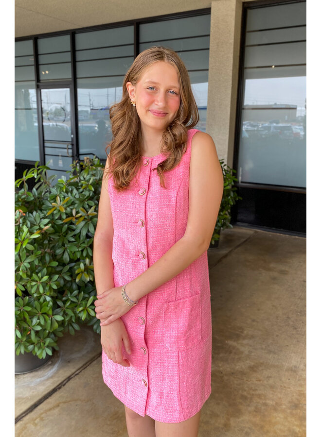 Tweed Buttoned A-Line Dress Pink