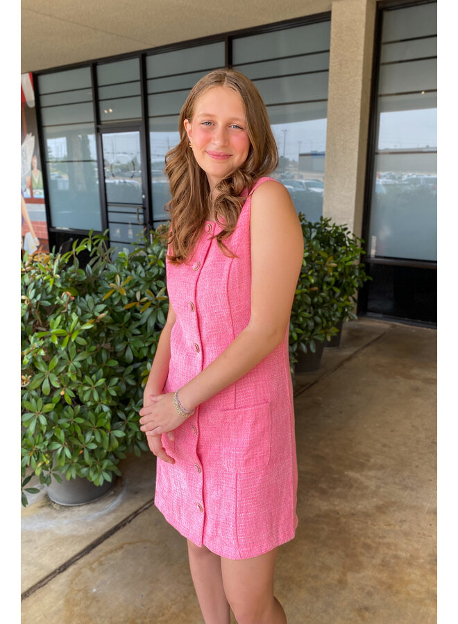 Tweed Buttoned A-Line Dress Pink