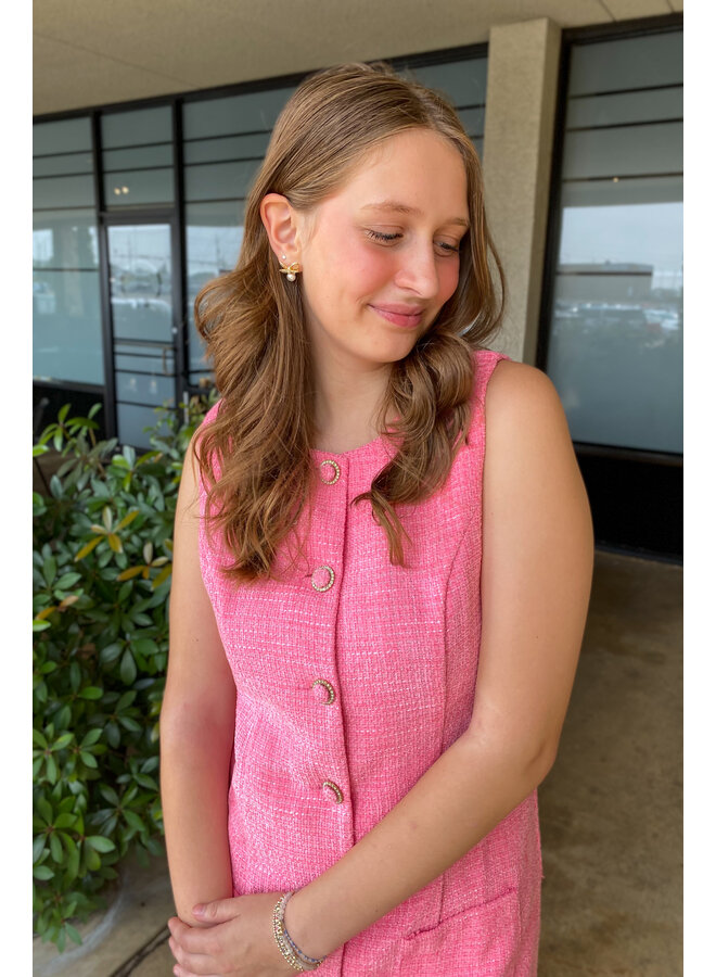 Tweed Buttoned A-Line Dress Pink