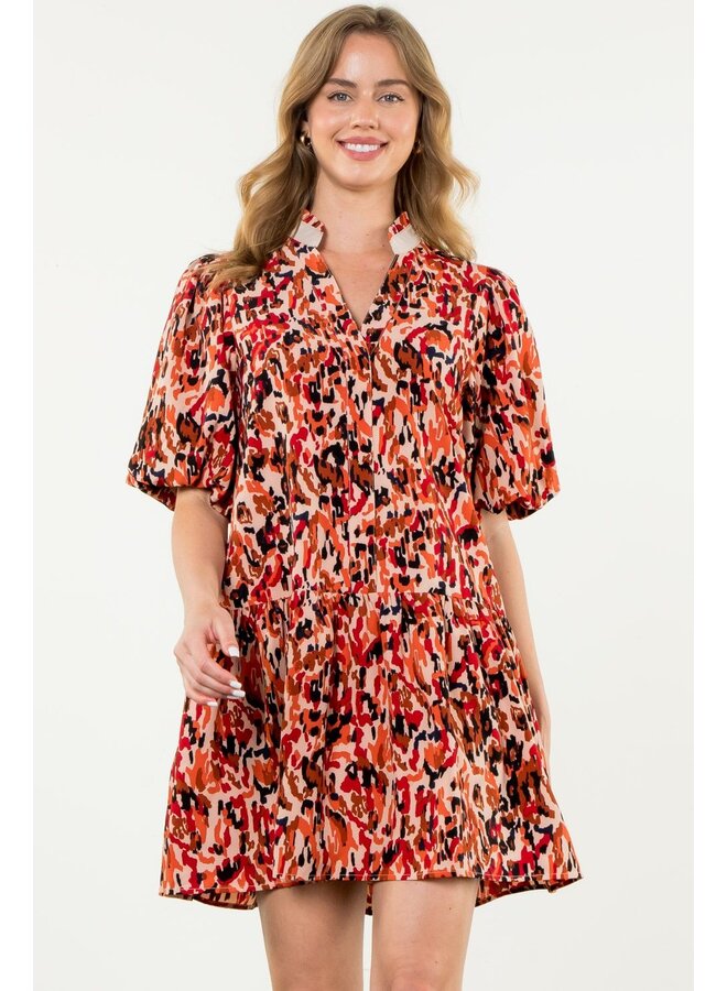Puff Sleeve Print Dress Red Leopard